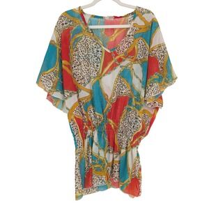 Sheer Chain Leopard Print Tunic Women OS Multicolor V-Neck Kaftan Top Resort